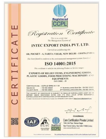 INTEC Export India ISO 9001:2015 certificate